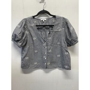 Madewell Women's V Neck Top Small Puff Sleeves Cropped Navy & Ivory Houndstooth